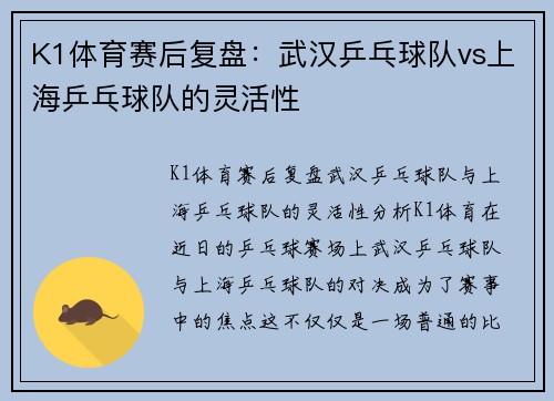 K1体育赛后复盘：武汉乒乓球队vs上海乒乓球队的灵活性